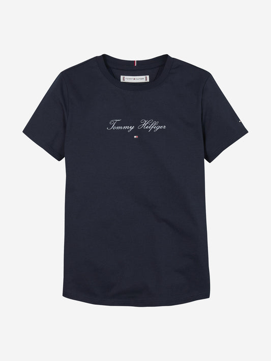 Girls Script Logo Slim T-Shirt in Navy