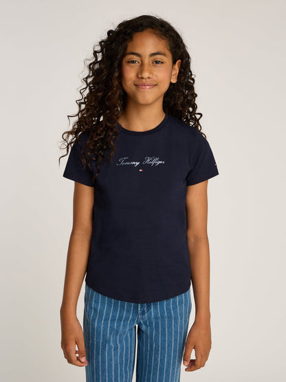 Girls Script Logo Slim T-Shirt in Navy