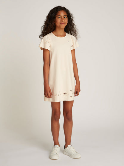 Girls Embroidered Flutter Dress in Ivory
