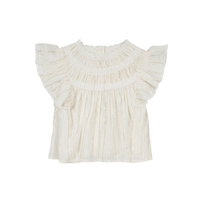 女童奶油白荷叶袖棉上衣