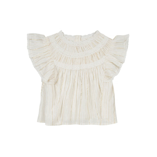 女童奶油白荷叶袖棉上衣