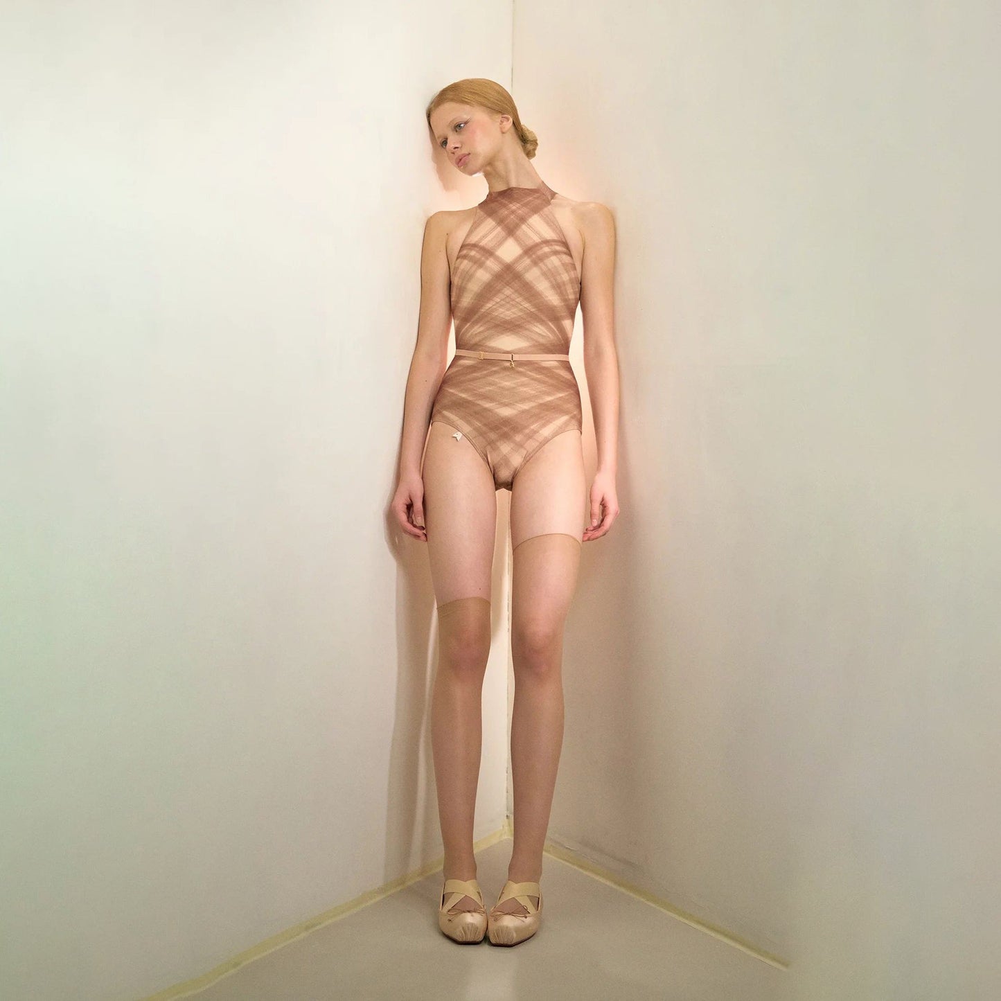 女士摩卡色格子"TULLE PLIÉ"芭蕾舞连体衣(201LE20VL/mocha)