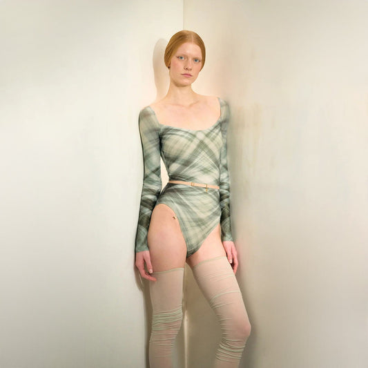 女士绿色格子"TULLE PLIÉ"长袖芭蕾舞连体衣(253LE23VL/evergreen)