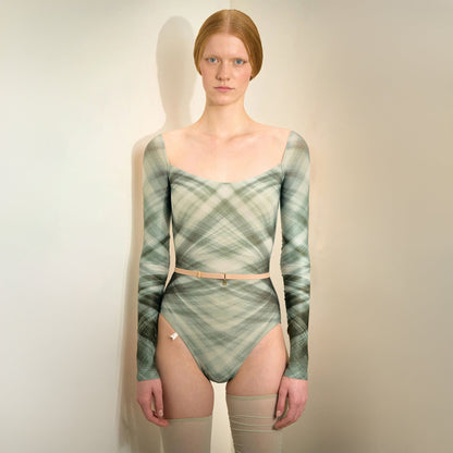 女士绿色格子"TULLE PLIÉ"长袖芭蕾舞连体衣(253LE23VL/evergreen)