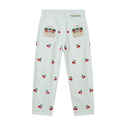 女童白色樱桃刺绣牛仔裤