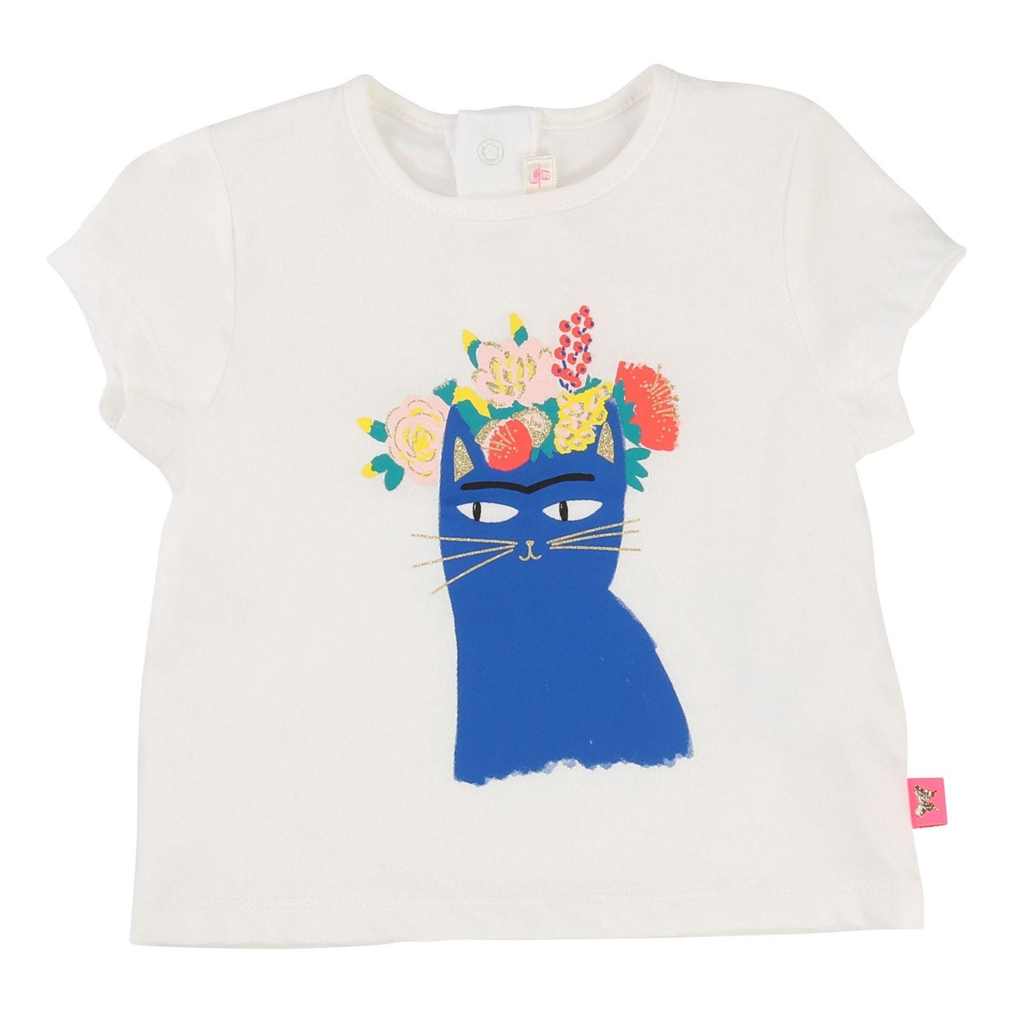 Baby Girls White Cotton T-Shirt With Blue Cat Print