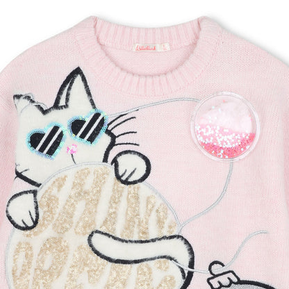 女童浅粉色刺绣猫咪针织毛衣
