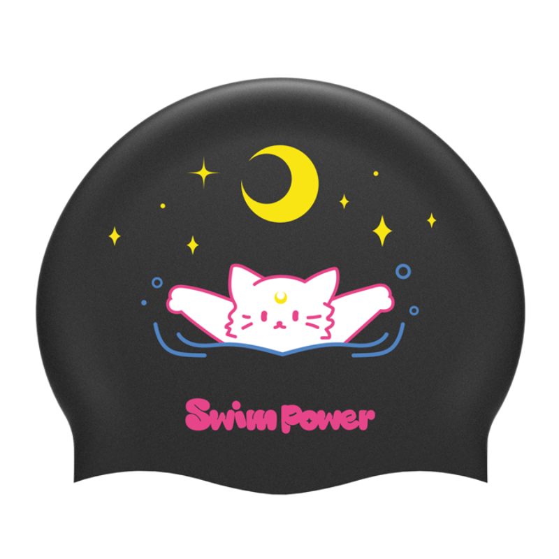黑色猫咪水手印花硅胶泳帽(适合54-58cm头围)