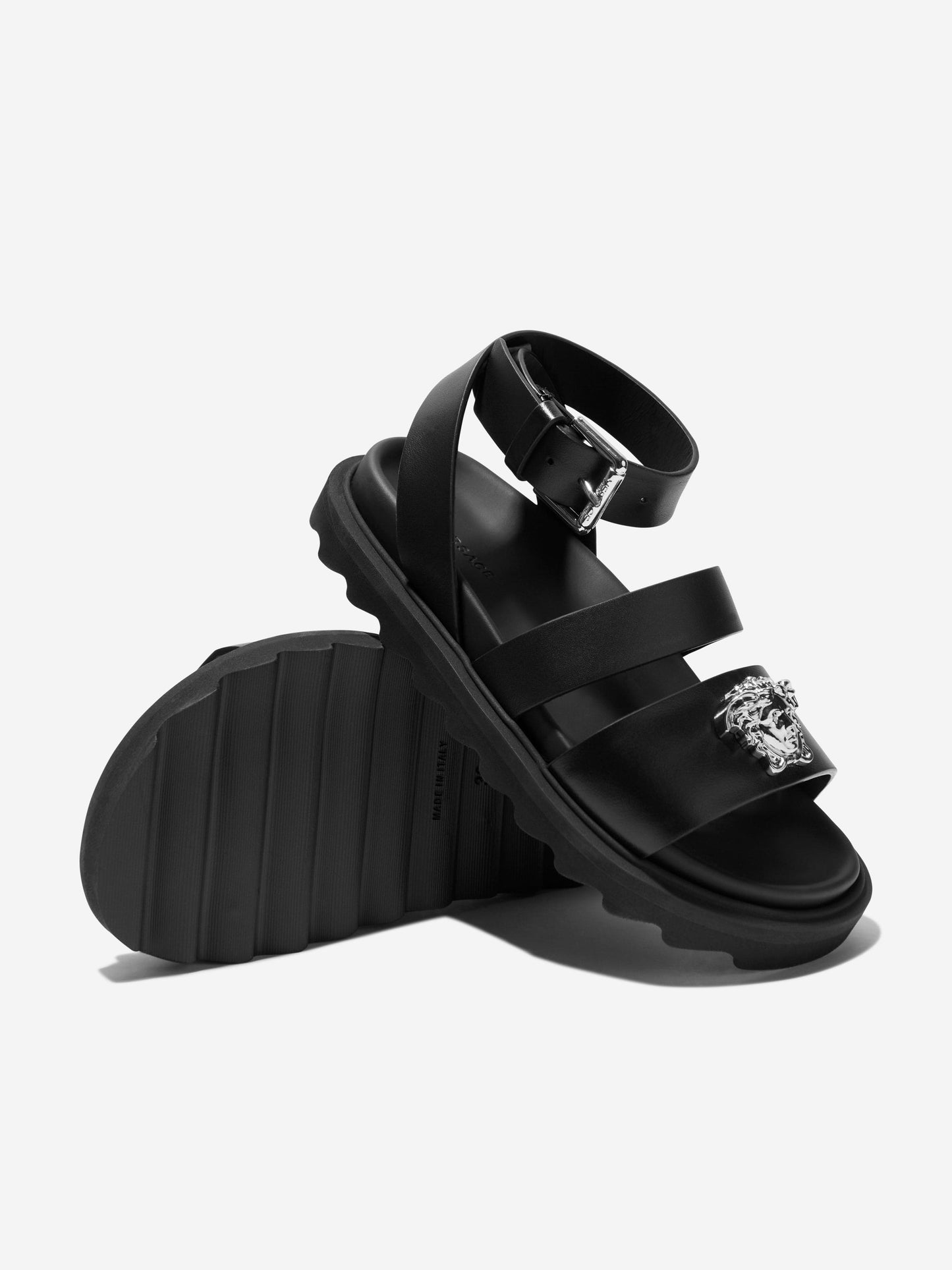 Versace 儿童皮革美杜莎徽标凉鞋（黑色）