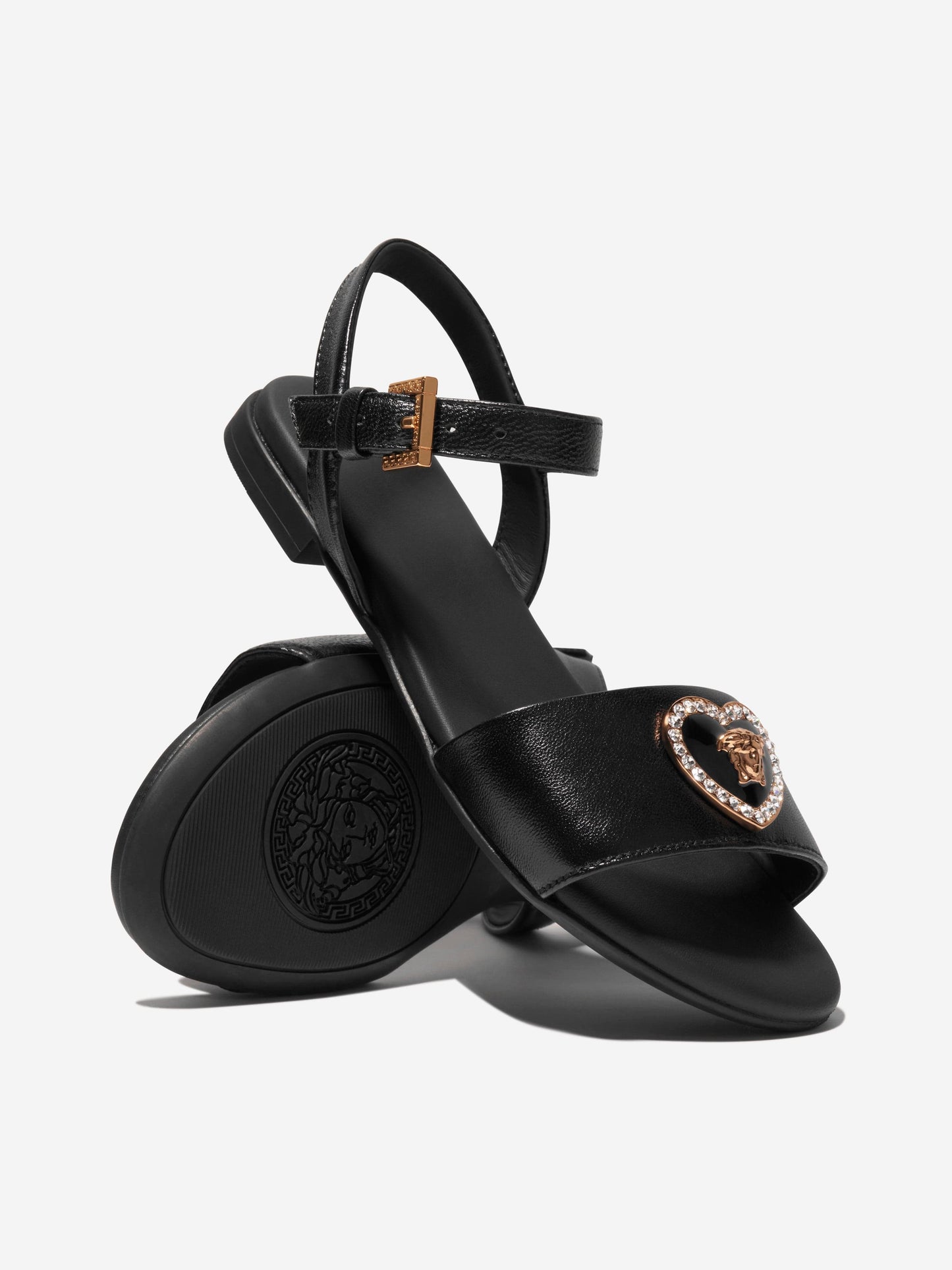 Versace 女童皮革心形徽标凉鞋（黑色）