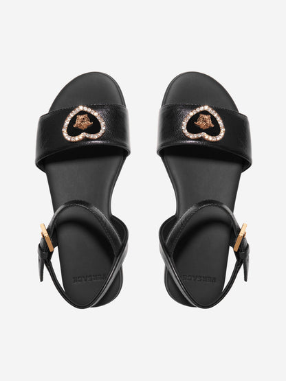 Versace 女童皮革心形徽标凉鞋（黑色）