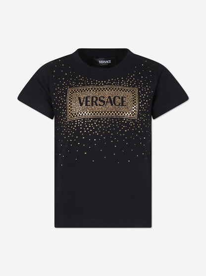 Versace 女童 Diamante 徽标 T 恤（黑色）