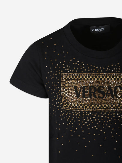 Versace 女童 Diamante 徽标 T 恤（黑色）