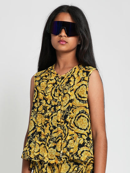 Versace 女童真丝巴洛克乔其纱金色衬衫