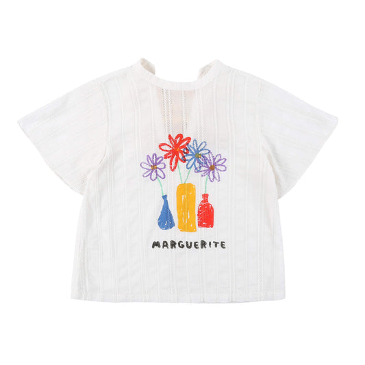 Girls White Embroidered Cotton T-Shirt