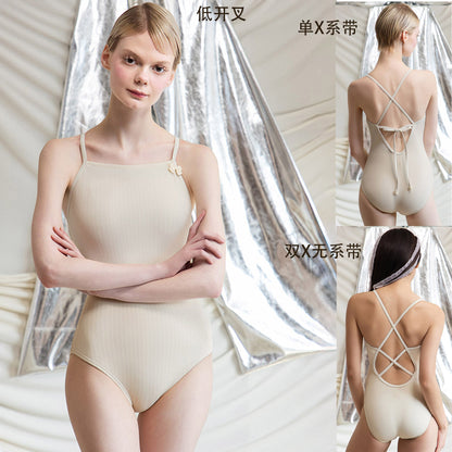 女士米白色专业泳衣