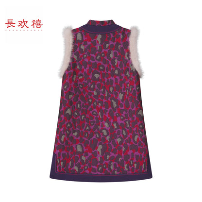 女童玫红色"栩栩繁花"加棉马甲裙