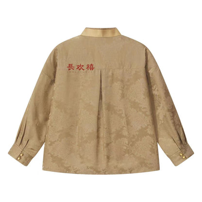 女童卡其色"松"中式提花真丝衬衫
