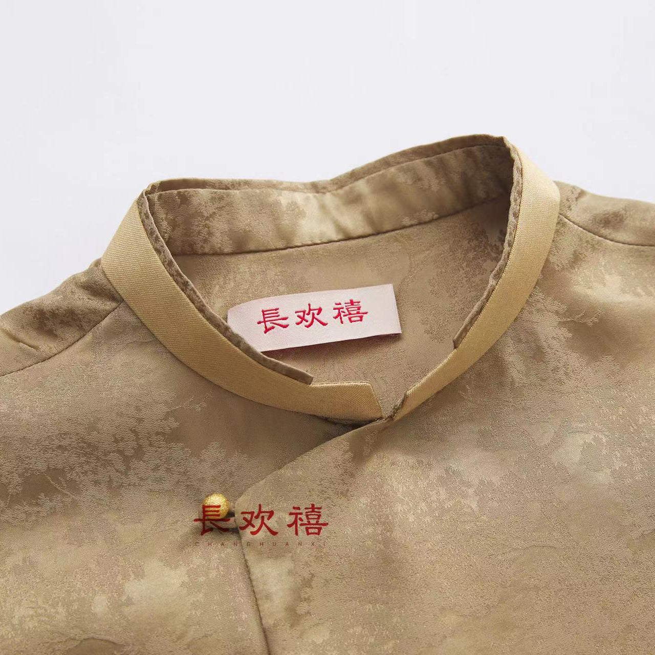 女童卡其色"松"中式提花真丝衬衫