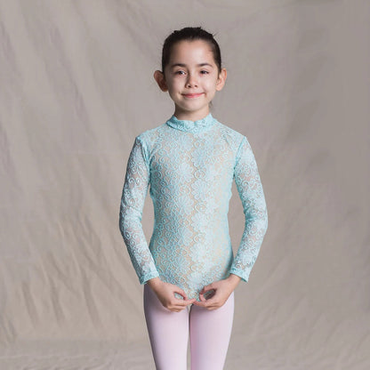 女童浅蓝色蕾丝长袖芭蕾舞连体衣(1404/Baby Blue)