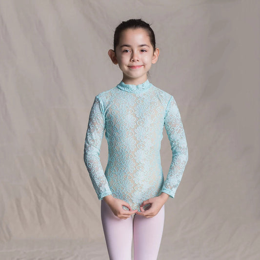 女童浅蓝色蕾丝长袖芭蕾舞连体衣(1404/Baby Blue)