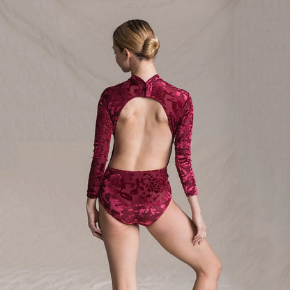 女童酒红色丝绒长袖芭蕾舞连体衣(T1404/Burgundy)