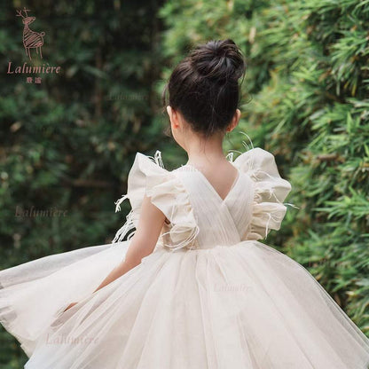 女童香槟羽毛缩褶礼服裙