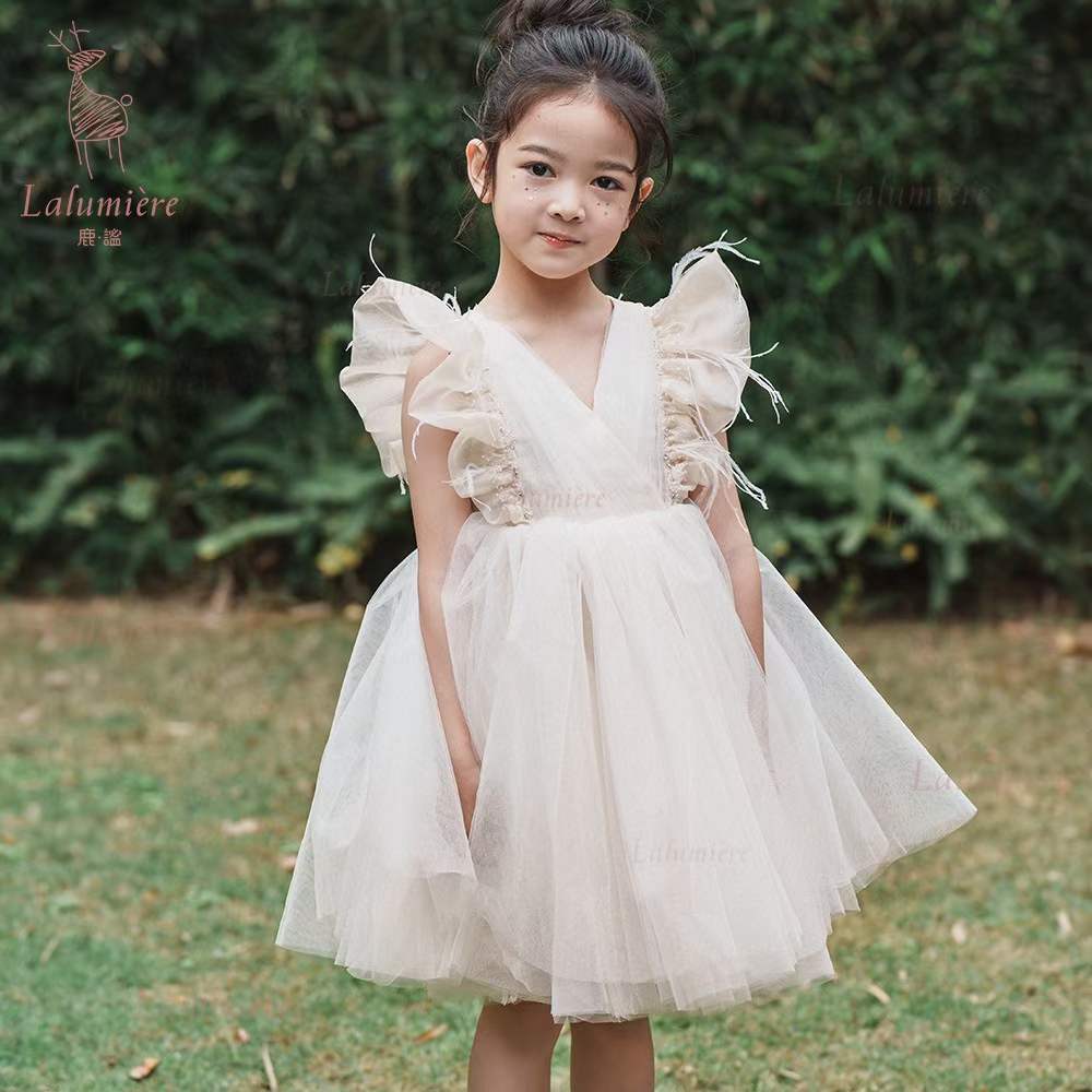 女童香槟羽毛缩褶礼服裙