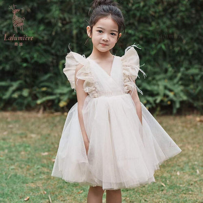 女童香槟羽毛缩褶礼服裙