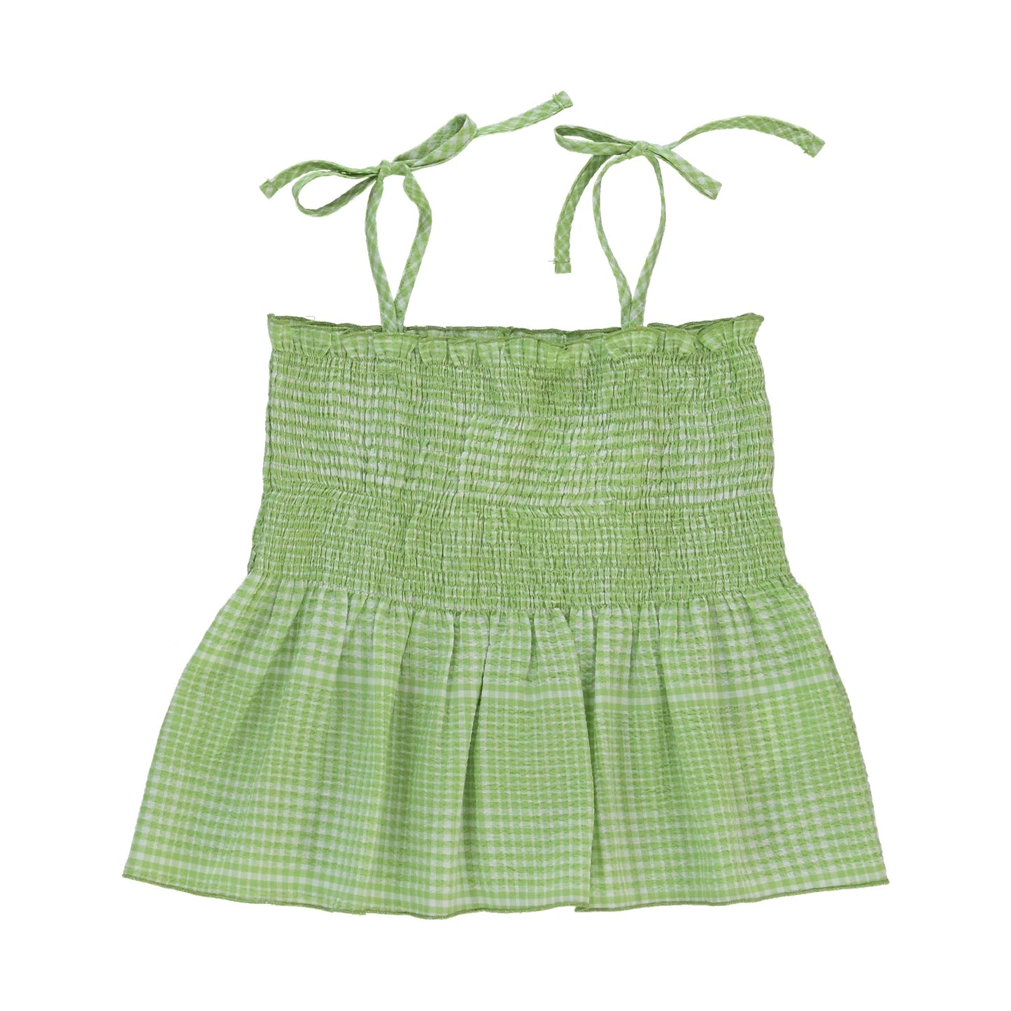 女童绿色格子棉吊带上衣