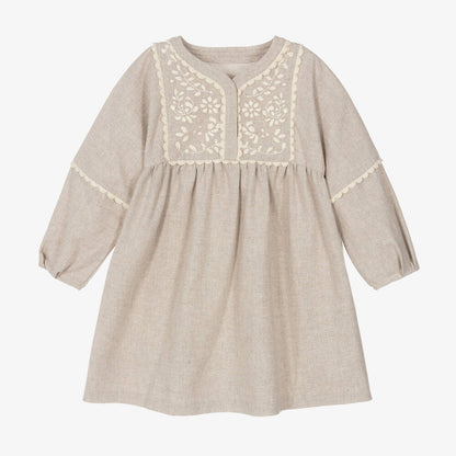 女童米色刺绣棉连衣裙