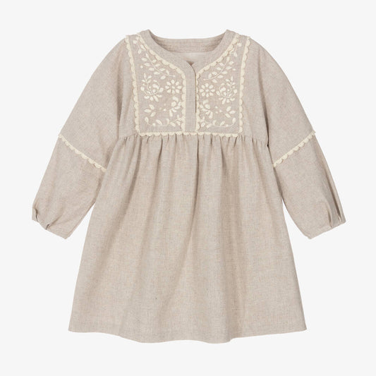 女童米色刺绣棉连衣裙
