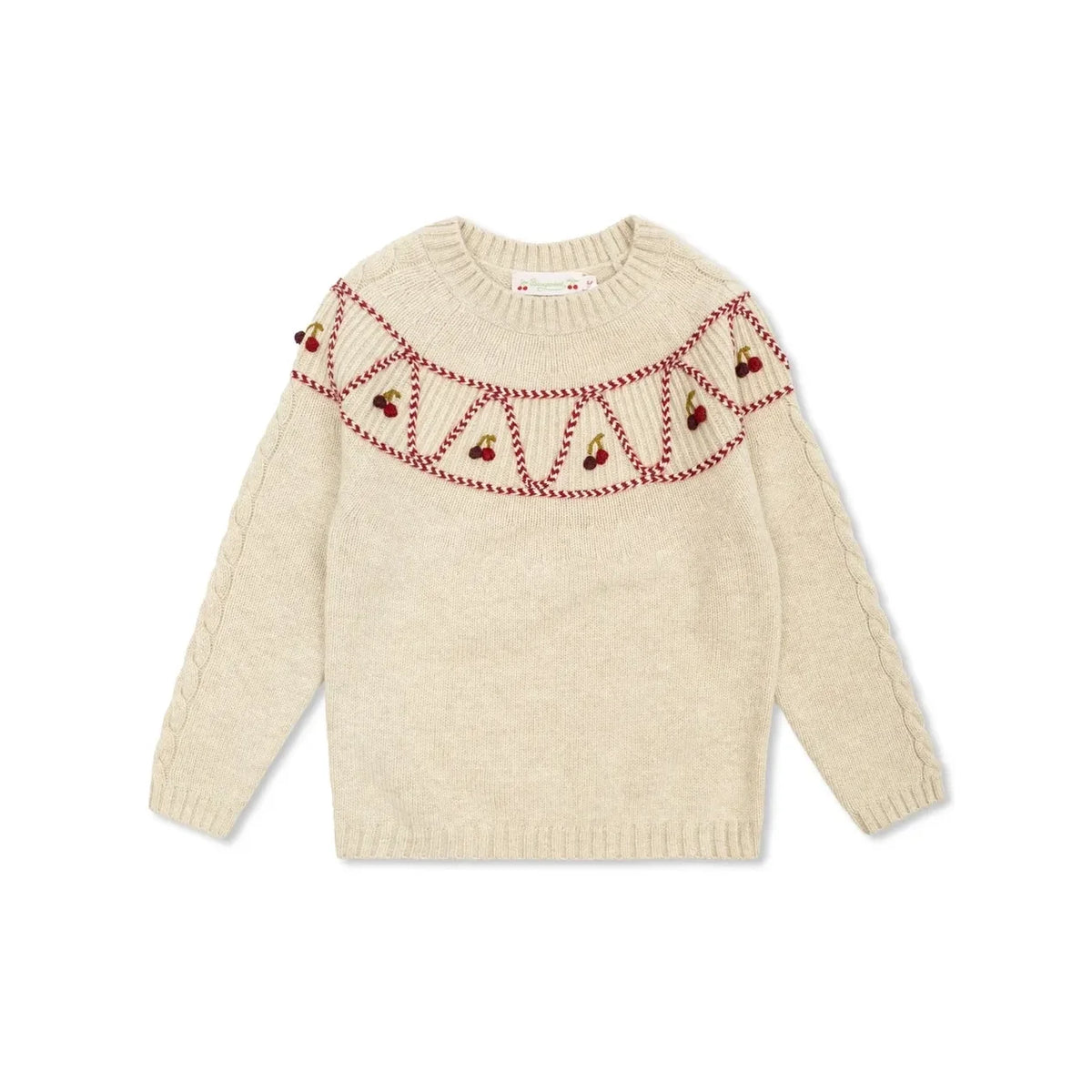 女童米色樱桃刺绣羊毛毛衣