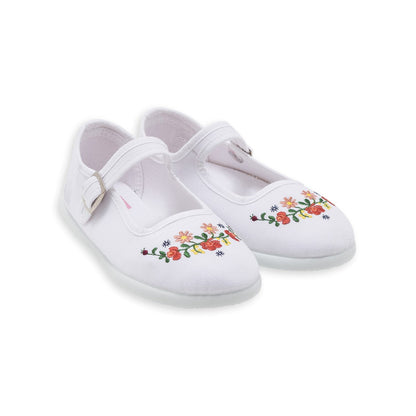 Girls Ecru Embroided Slippers With Buckle