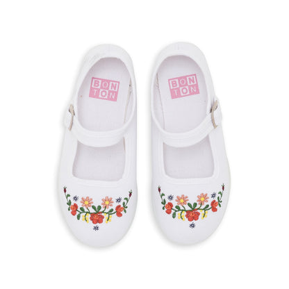 Girls Ecru Embroided Slippers With Buckle