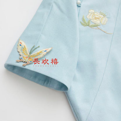 女童浅蓝色"蝶恋花"中式旗袍