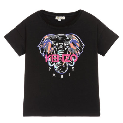 Girls Black Cotton Elephant T-Shirt