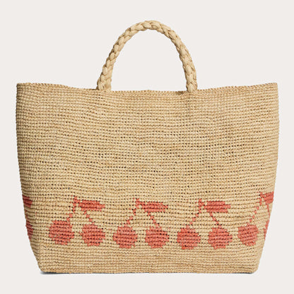 女童米色Logo拉菲草手提包