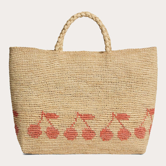 女童米色Logo拉菲草手提包