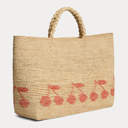 女童米色Logo拉菲草手提包
