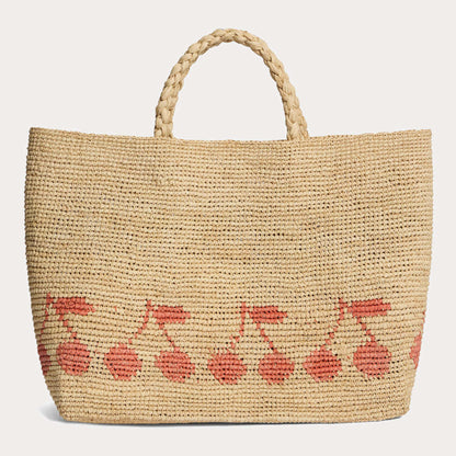 女童米色Logo拉菲草手提包