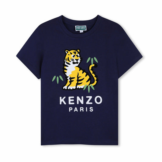 女童深蓝色老虎印花棉T恤