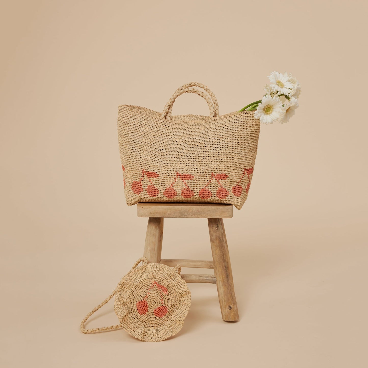 女童米色Logo拉菲草手提包