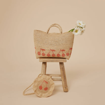 女童米色Logo拉菲草手提包