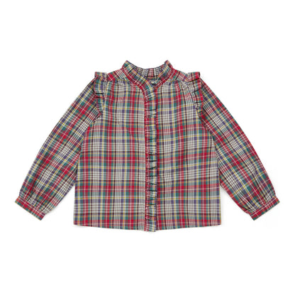 女童红色格子棉衬衫