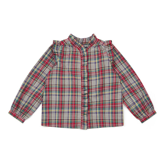 女童红色格子棉衬衫