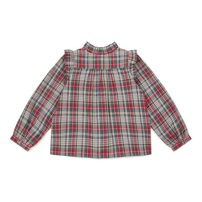 女童红色格子棉衬衫
