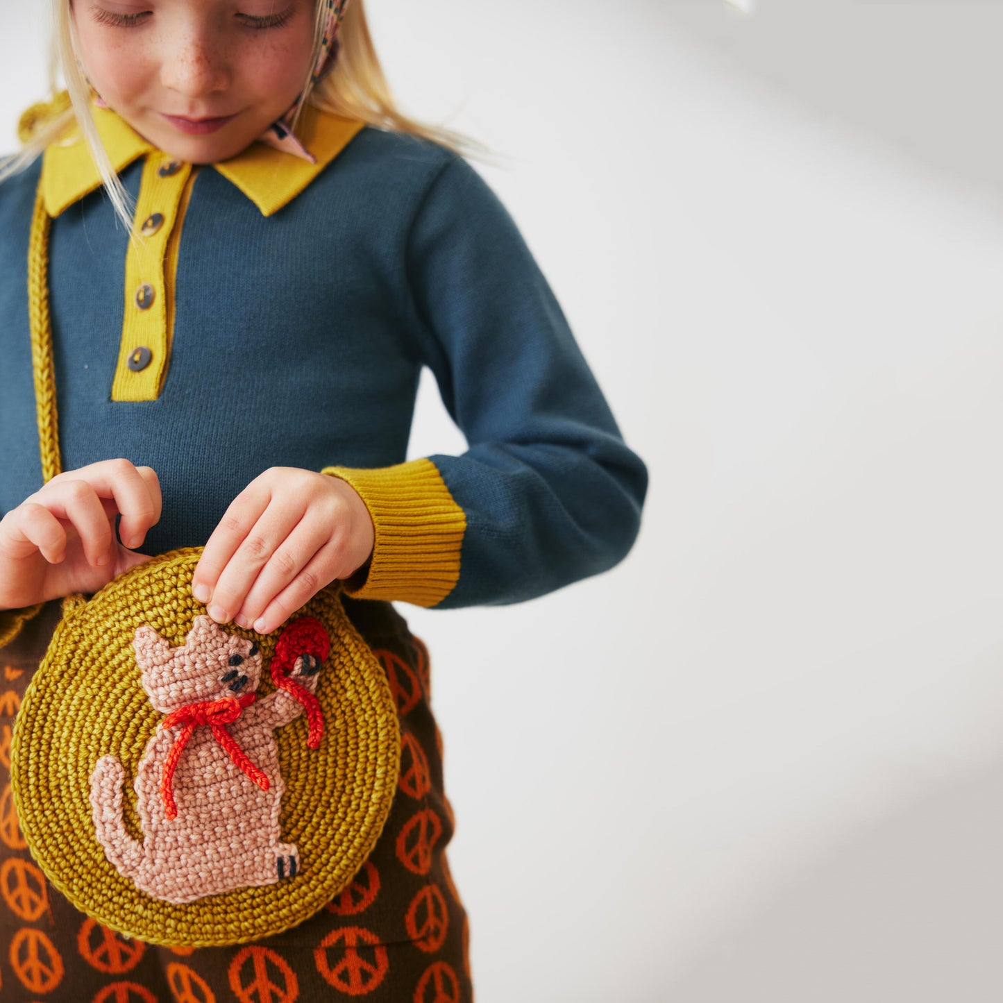 儿童金色猫咪羊毛单肩包