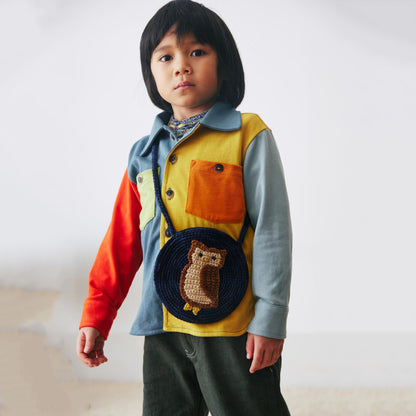 儿童藏青色猫头鹰羊毛单肩包