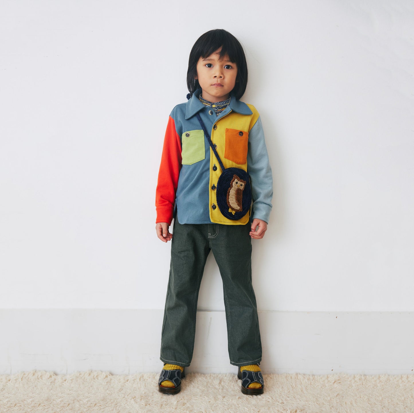 儿童藏青色猫头鹰羊毛单肩包